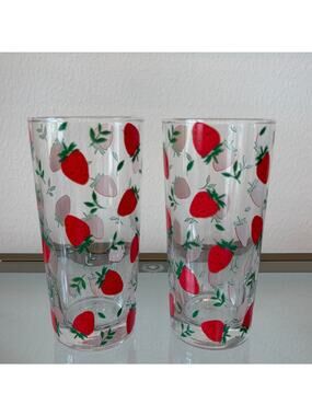 Fig & Fern Strawberry Highball Drinking Glasses Set of 2 Chic Summer Barware New